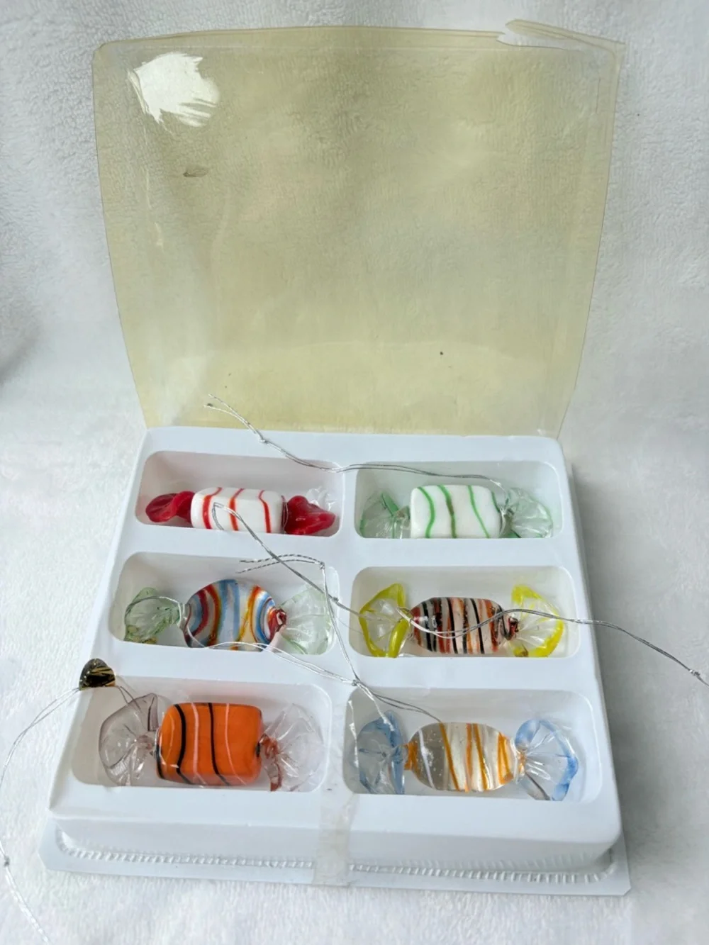 Set Of 6 Vintage Murano Style Hand Blown Art Glass Wrapped Candy Pieces